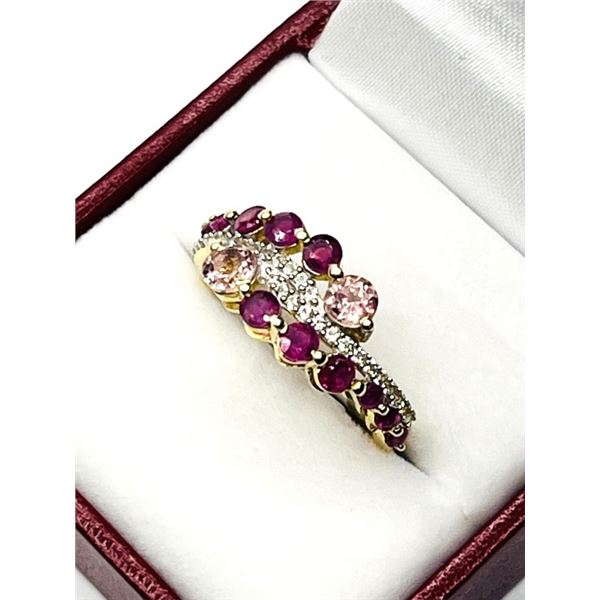 GOLD PLATED STERLING NATURAL ENHANCED RUBY (1.45CT), NATURAL PINK TOURMALINE (0.65CT) AND NATURAL WH