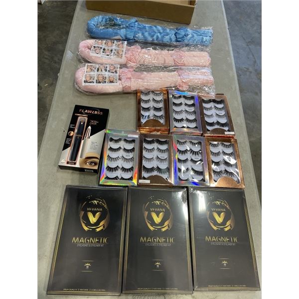 LOT OF NEW BEAUTY ITEMS - HEATLESS CURLERS, FAKE EYE LASHES, YEE LASH KIT, AND FACIAL HAIR REMOVAL T