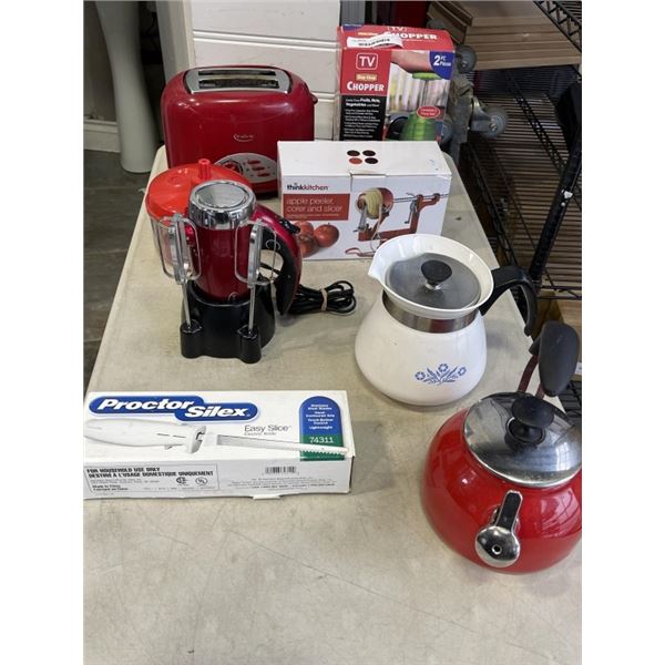 CORNING WARE COFFEE POT AND LOT OF KITCHEN APPLIANCES SOME NEW -  KETTLE, TOASTER, APPLE PEELER, ETC