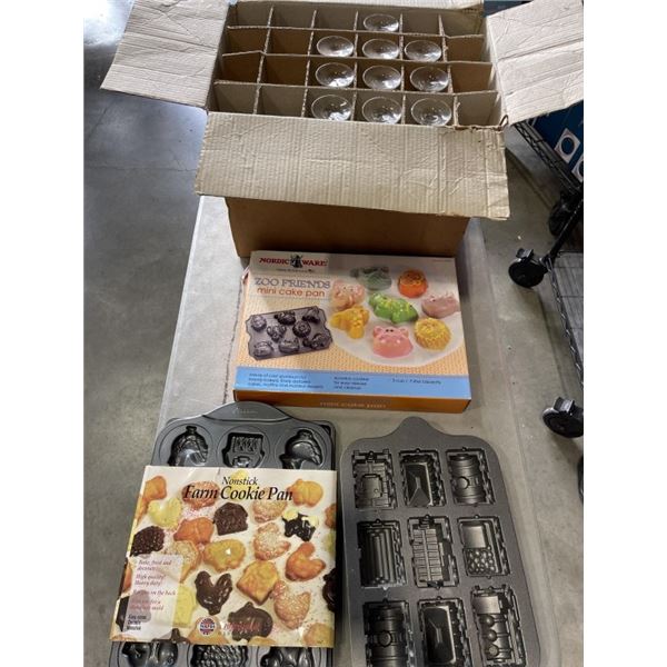 CASE OF WINE GLASSES AND ZOO FREINDS BAKING SHEETS AND OTHER