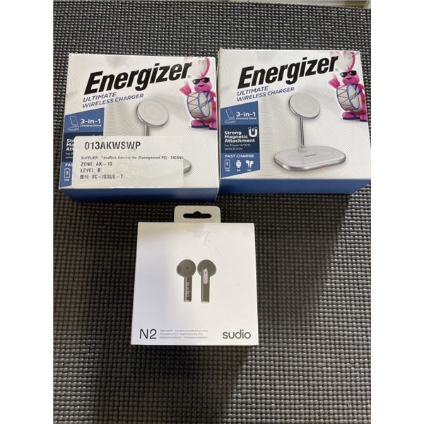 2 ENERGIZER ULTIMATE WIRELESS 3 IN 1 CHARGER STANDS AND SUDIO N2 WIRELESS BLUETOOTH EARBUDS