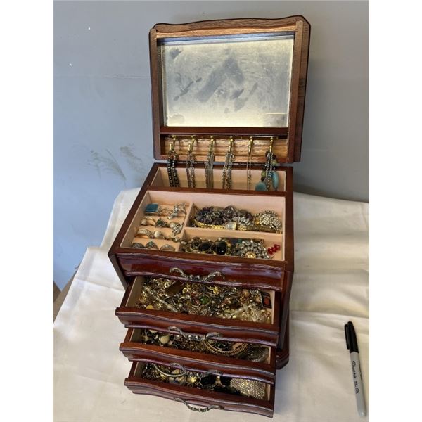 SOLID WOOD JEWELRY CASE W/ LOTS OF CONTENTS