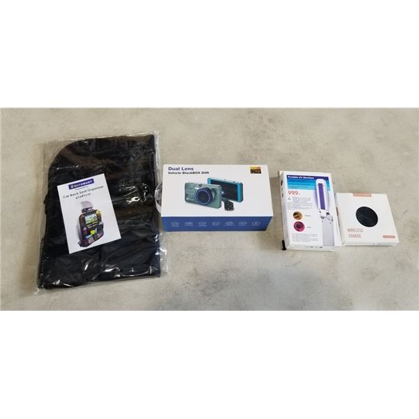 BACK SEAT CAR ORGANIZER, PORTABLE UV SANTIZER, WIRELESS CHARGER, AND DUAL LENS DVR