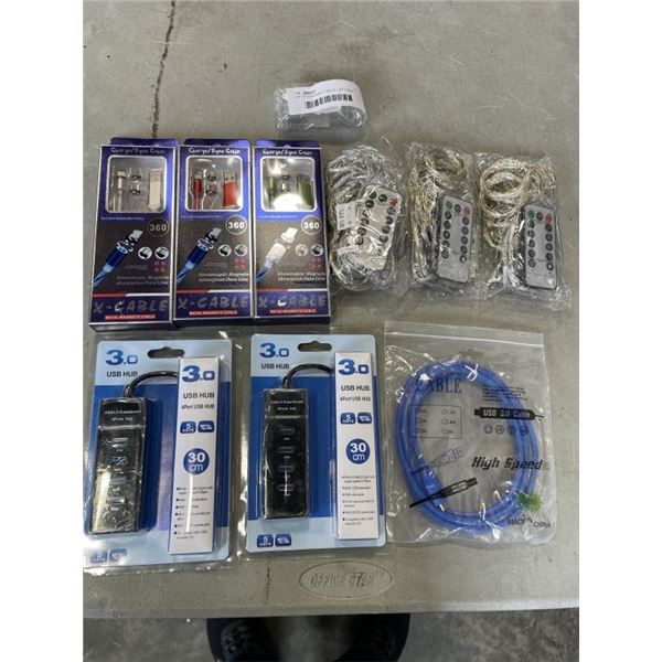 LOT OF CHARGING CABLES, CAT CABLE, USB LED LIGHTS, ETC