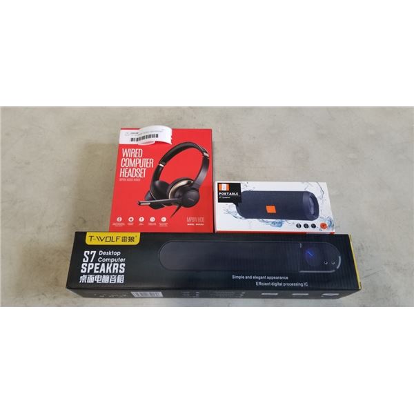 DESKTOP SPEAKER, WIRED USB HEADSET, AND BLUETOOTH SPEAKER