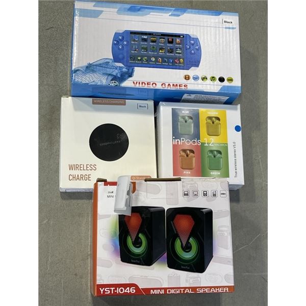 MINI BLUETOOTH SPEAKERS, HANDHELD GAMER, WIRELESS EARBUDS, AND WIRELESS CHARGER