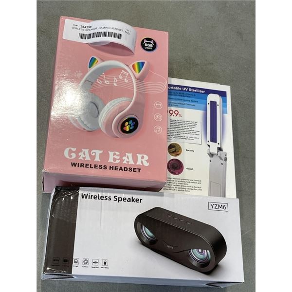 WIRLESS SPEAKER, GAMING HEADSET, AND PORTABLE UV SANITIZER