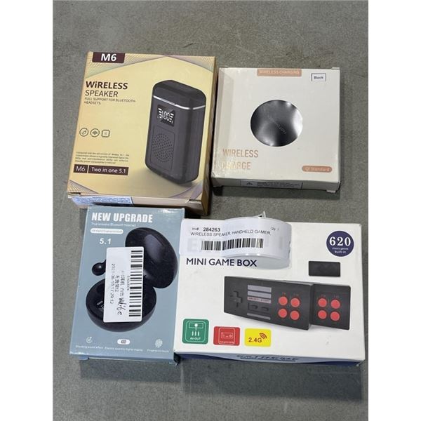 WIRELESS SPEAKER, HANDHELD GAMER, WIRELESS EARBUDS, AND WIRELESS CHARGER