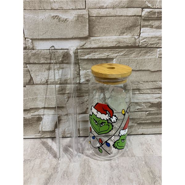 Grinch Glass Cup with Wooden Lid & Straw