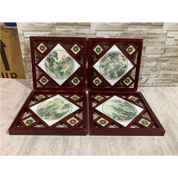 Lot of 4 Chinese Framed Porcelain Landscape Wall Art w/ Coin Motifs