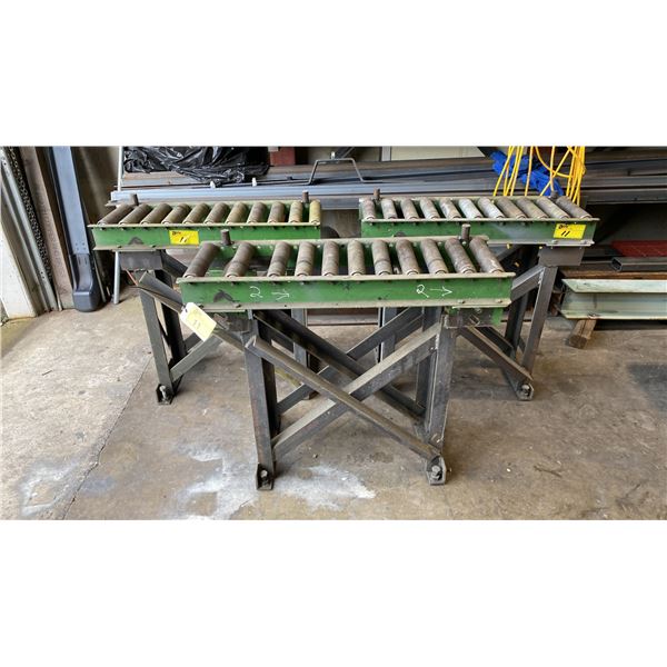 GROUP OF 3 METAL MATERIAL ROLLER CONVEYORS APPROX 3'L X 1'W X 2' 7"H