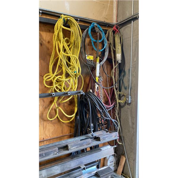 GROUP OF ASSORTED ROPE, AIR HOSE, LIFTING STRAPS & HEAVY DUTY ELECTRICAL CORDS