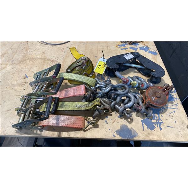 GROUP OF ASSORTED RATCHET STRAPS, D-RINGS, BEAM CLAMP & PULLEY