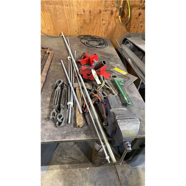 GROUP OF ASSORTED HAND TOOLS, ROD HOLDERS, TURNBUCKLES & RODS