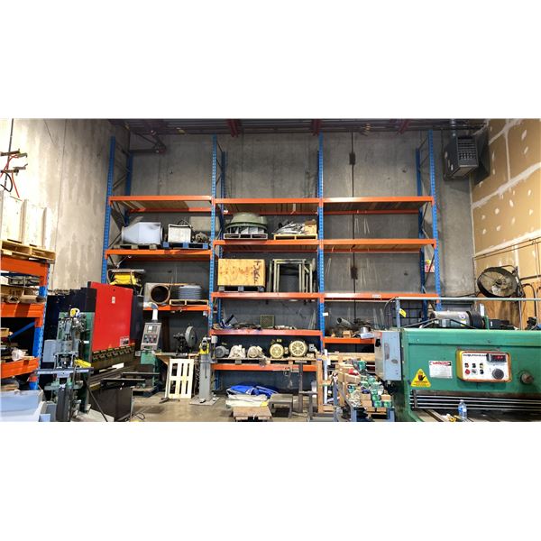3 BAYS OF BLUE/ORANGE INDUSTRIAL PALLET RACKING INCLUDING 4 UPRIGHT, 24 CROSS BARS