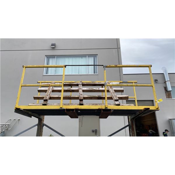 LARGE METAL WORK PLATFORM WITH FORK SLOTS & RAILING APPROX 10.5'L X 3'W