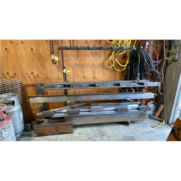 ASSORTED BRAKE DIES ON RACK WITH ASSORTED STEEL COMPONENTS