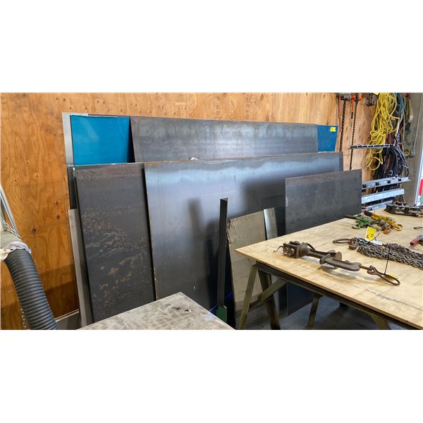 LARGE GROUP OF ASSORTED METAL PLATE SHEET STOCK WITH A-FRAME RACK INCLUDED