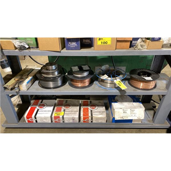 SHELF OF ASSORTED SPOOLS OF WELDING WIRE & ASSORTED ELECTRODES