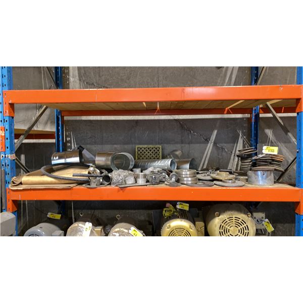 SHELF OF ASSORTED GRINDING/CUTTING DISCS, STEEL COMPONENTS, WIRE, CASTERS & MORE