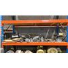 Image 1 : SHELF OF ASSORTED GRINDING/CUTTING DISCS, STEEL COMPONENTS, WIRE, CASTERS & MORE