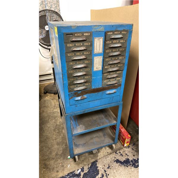 LARGE ASSORTMENT OF DIES FOR INDUSTRIAL PUNCH MACHINES IN BLUE METAL CABINET