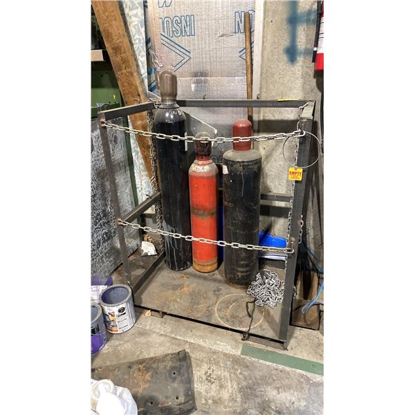 GAS CANISTER STORAGE CAGE WITH 3 WELDING GAS TANKS APPROX 3' X 2'
