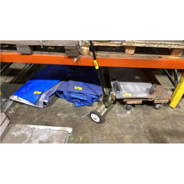 2- 4 WHEEL FLAT DOLLIES, MAGNETIC FLOOR SWEEPER & 2 TARPS