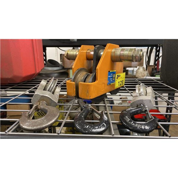 POWER FIST 1 TON TROLLEY AND 3 LIFTING HOOKS