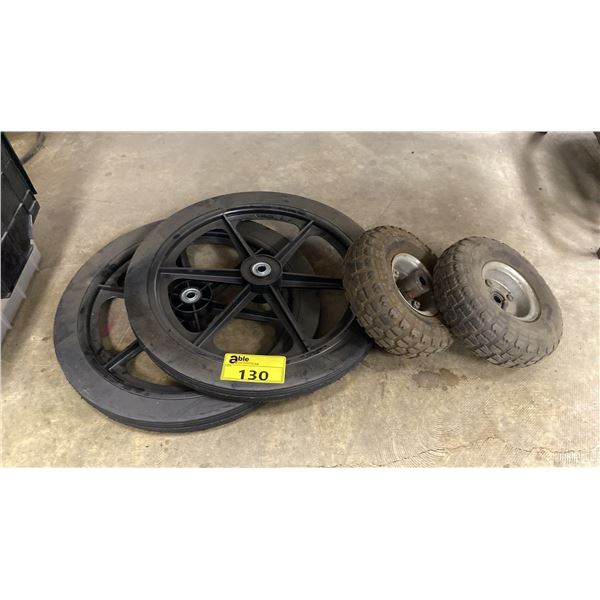 PAIR 20" DIAMETER SOLID RUBBER CART WHEELS AND 2 PNEUMATIC DOLLY WHEELS