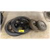 Image 1 : PAIR 20" DIAMETER SOLID RUBBER CART WHEELS AND 2 PNEUMATIC DOLLY WHEELS