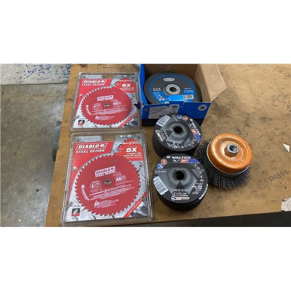 2 DIABLO STEEL DEMON SAW BLADES AND ASSORTED GRINDING DISCS AND BRUSH