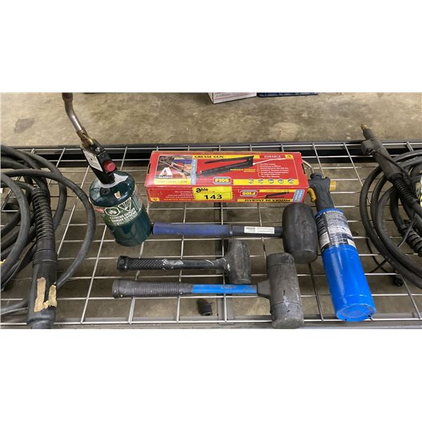 GROUP OF 3 RUBBER MALLETS, 2 PROPANE TORCHES AND 1 GREASE GUN