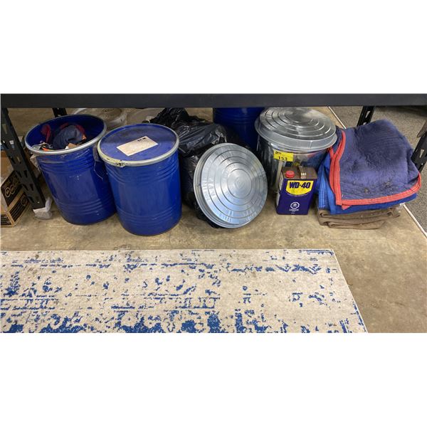 GROUP OF MISCELLANEOUS ITEMS - PACKING BLANKETS, METAL TRASH CANS AND MORE