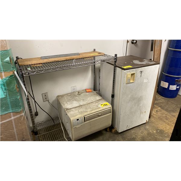 4 ASSORTED ITEMS - SMALL WIRE SHELF, AIR CONDITIONER, BAR FRIDGE AND FOLDING TABLE