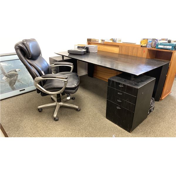 BLACK FINISHED OAK 6 DRAWER EXECUTIVE OFFICE DESK WITH CHAIR