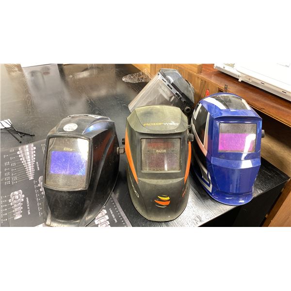 GROUP OF 3 WELDERS HELMETS AND 1 FACE SHIELD