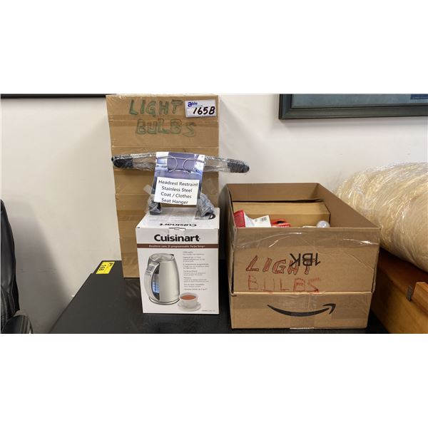 NEW CUISINART KETTLE, AUTOMOBILE HEADREST HANGER AND 5 BOXES OF ASSORTED LIGHT BULBS