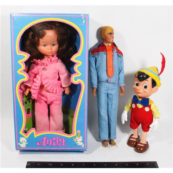 ANITA DOLL + MATTEL KEN DOLL + DISNEY PINOCCHIO