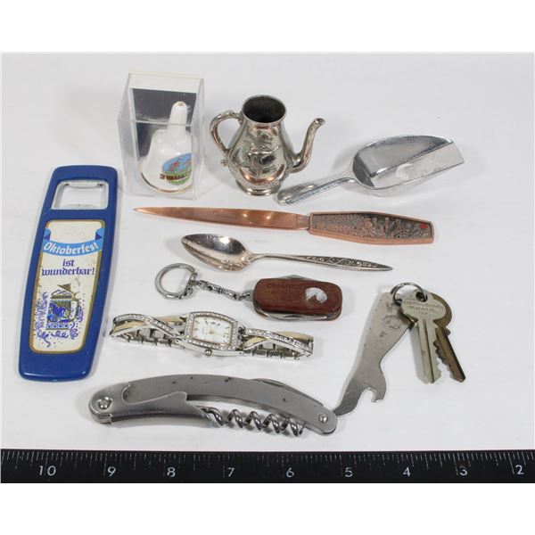 LOT OF MIXED COLLECTABLES: MULTITOOL, KEYS, BOTTLE