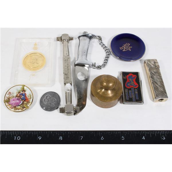 LOT OF MIXED COLLECTABLES: LIMOGES, COINS, KNIFE,