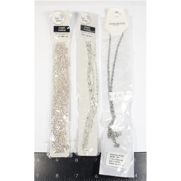 LOT OF 3 SILVERTONE CHAINS ONE 18" STAINLESS STEEL