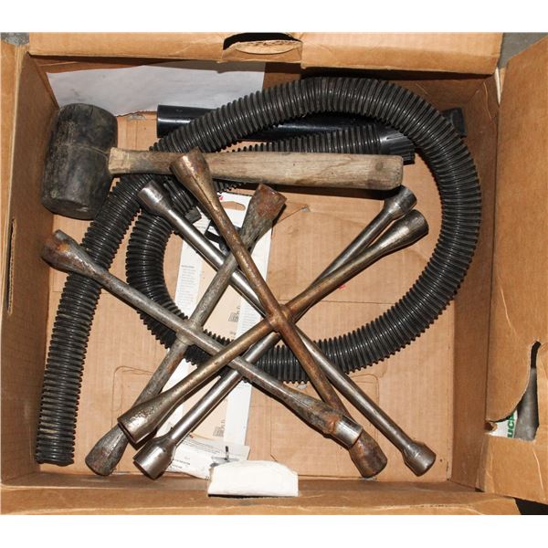 BOX OF LUG WRENCHES, MALLET, CAR VACUUM TUBE