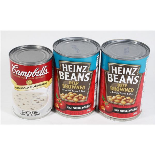 TWO CANS OF BEANS AND A CAN OF MUSHROOM SOUP