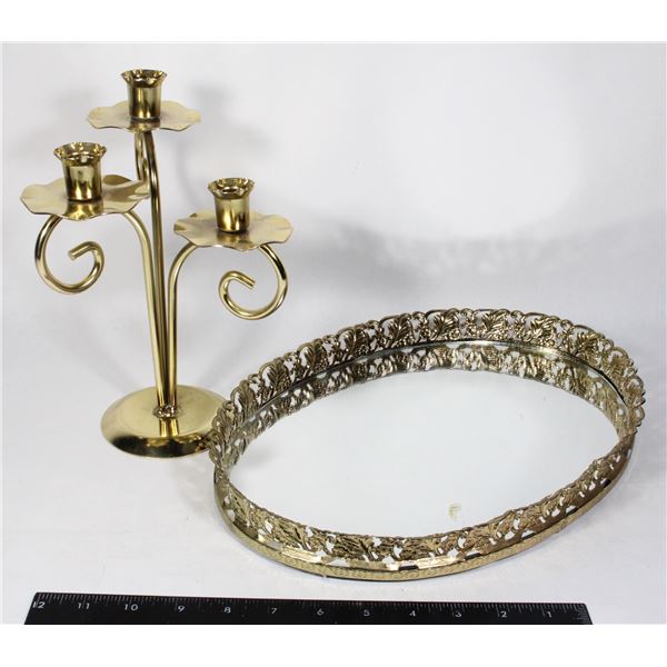 BRASS MIRRORED TRAY AND BRASS CANDLE HOLDER