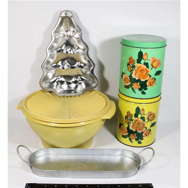 LOT OF TUPPERWARE CONTAINER AND VARIOUS TINS