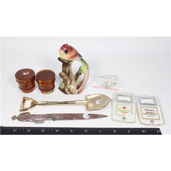 LOT OF MIXED COLLECTABLES: BIRD FIGURINE, CAN