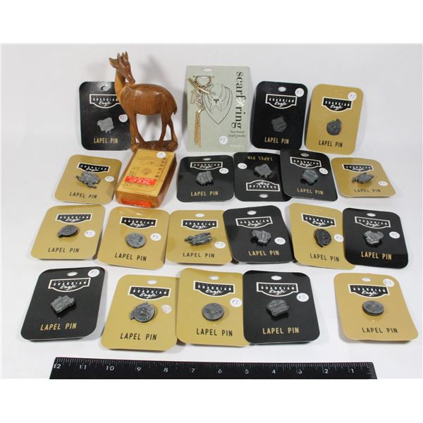 LOT OF MIXED ITEMS: MOTORCYCLE PINS, SCARF RING