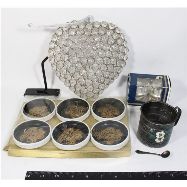 LOT OF VINTAGE COASTERS, NAPKIN RINGS, AND MORE
