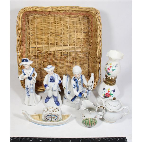 WICKER BASKET OF CERAMIC FIGURES AND MORE